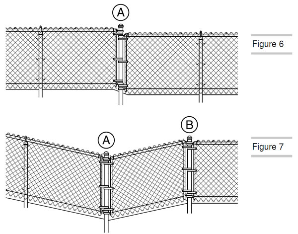 A drawing shows how to install the chain link fence on uneven ground.
